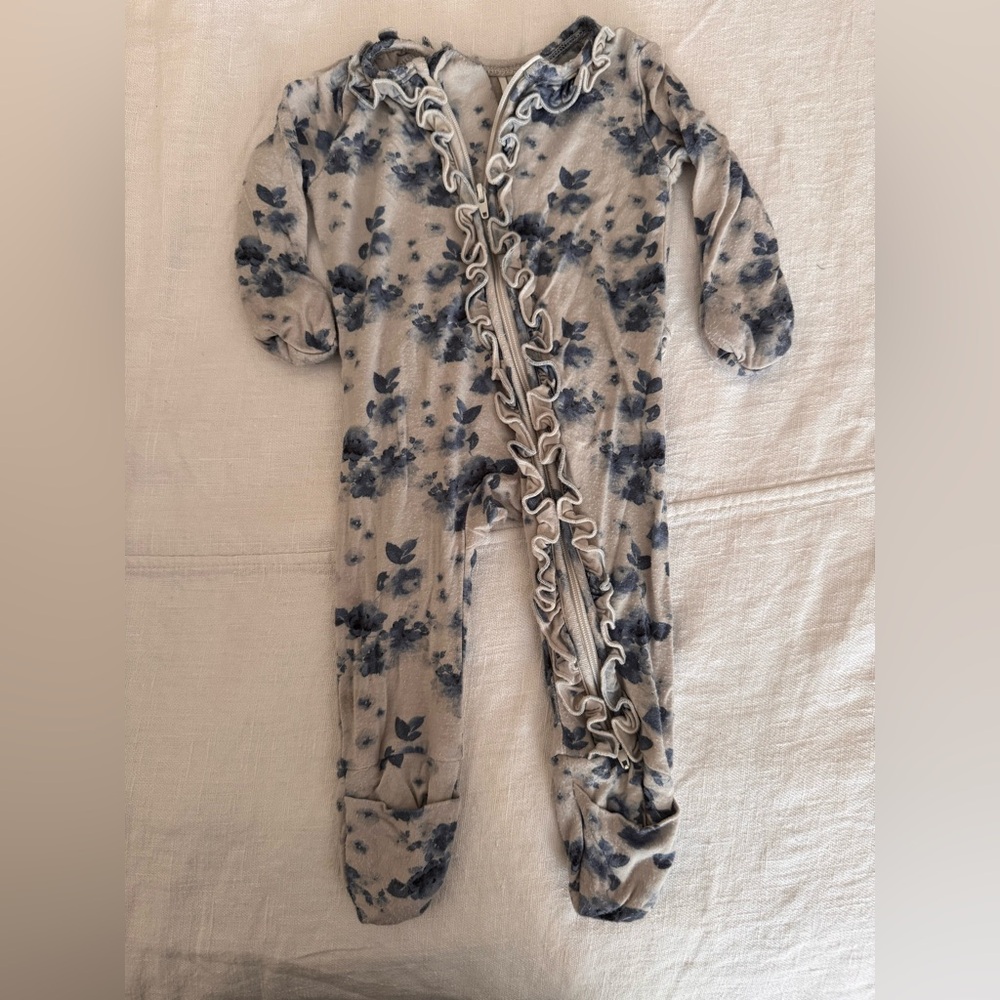 Floral Ruffle Kids Footie - blue and white - newborn
